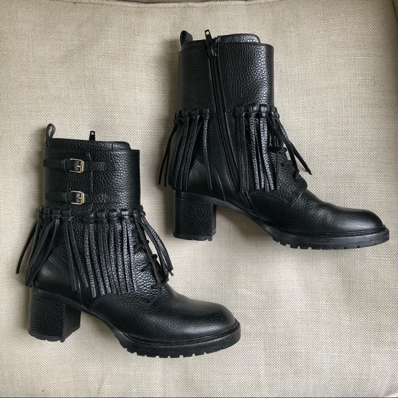 Valentino Combat Ankle Boots Fringe Buckles Block Heel US 6.5 - Picture 5 of 15